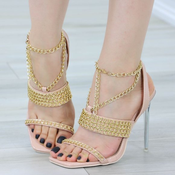Nude Open Toe High Heel Sandals Gold Chain  Ankle Strap Patent Leather - Picture 13 of 13